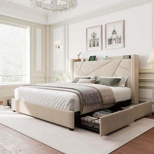 iPormis Queen Size Bed Frame with 4 Storage Drawers and Type-C & USB Ports, Minimalist Geometric Wingback Headboard & Rivet Design, No Box Spring Needed, Beige