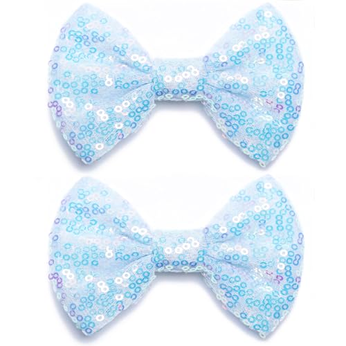 KISZU 4 Inch Sequin Glitter Hair Bows Clips, Sparkling Bling Little Bow HairPins Hair Accessories for Baby Girls Kids Children Teens and Women (Pale Blue)
