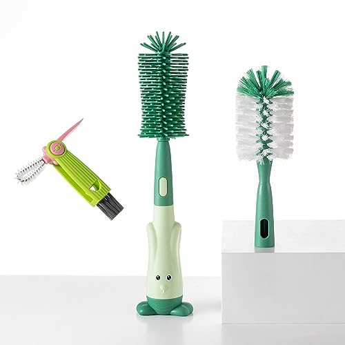 Image of Chemimoso Cup Cleaning Brush, Silicone Baby Bottle Brush with Stand, Large Handle Water Bottle Brush Cleaner Set, with a Tiny Cup Lid Gap Cleaning Brush, Cup Lid Cleaner Brushes Kit, Green