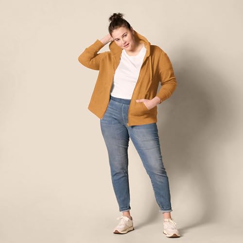 Amazon Essentials Damen Kapuzenpullover aus French-Terry-Fleece mit durchgehendem Reißverschluss (Erhältlich in Übergröße), Dunkles Kamel, L