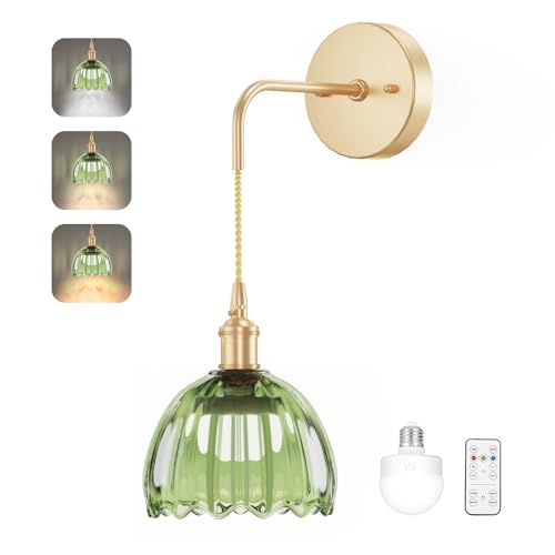 Image of Battery Operated Wall Sconce CCT Dimmable Wireless Sconcesm Vintage Light Fixture with Green Tulip Glass Lampshade Wall Decor Set for Living Room Bedroom Bedside Bathroom 1PC Green