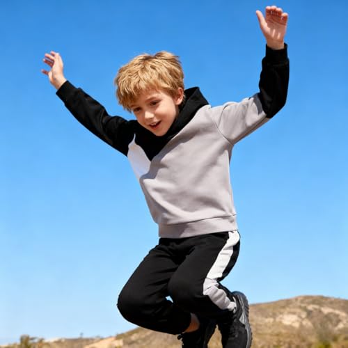 Image of Boys Clothes 2pcs Tween Boy Color Block Hoodie + Pants Little Boys Fall Winter Outfits Set, 4-12 Years