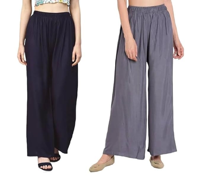 Image of Women's Solid Viscose Rayon Palazzo Pants | Wide Leg Loose Fit Trousers | Office, Casual Ethnic Bottom Wear | Combo Pack of 2