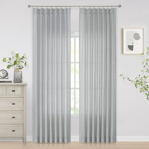 Image of Vision Home Gray Pinch Pleated Semi Sheer Curtains Textured Light Filtering Window Curtains 63 inches for Living Room Bedroom Silver Grey Pinch Pleat Drapes with Hooks Back Tabs 2 Panels 40 inch Wx63 L