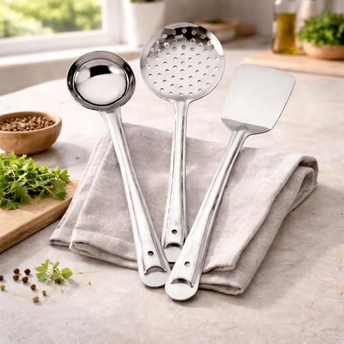Image of Ajay's Shoppe Stainless Steel Kitchen Spoon Set of 3 | Ladle, Skimmer & Turner Set | Heavy Duty Cooking Tools for Home Kitchen
