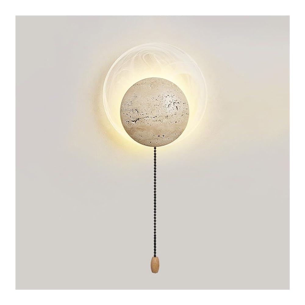SXECAEPS Stone Wall Sconce Modern Nordic LED Lamp Indoor Round Travertine Lantern for Bedroom Bedside Living Room Study Corridor Entryway Restaurant Night Light(B)