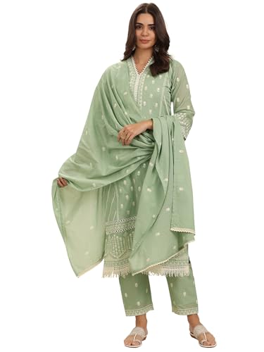 Image of Libas Embroidered Cotton Straight Kurta With Trouser and Dupatta