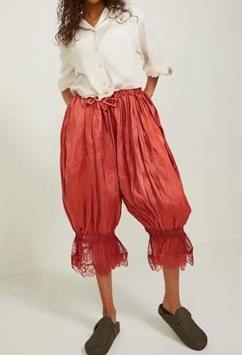 Image of Women Lace Trim Long Bloomer Pants Ruffle Pantaloons | Lace Hem Pettipants Pantaloons, Elastic Waist Flared Cropped Slips Pants, Vintage Cropped Pajama Bottoms, Victorian