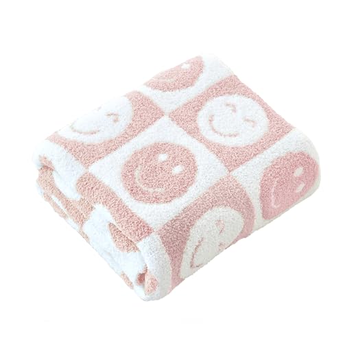 Ultra Soft Cozy Happy Smiling Face Checkered Knitted Throw Blanket Fluffy Microfiber Checkerboard Bed Blanket Lightweight Both Sides Blanket for Couch Sofa Bed (Smile Pink, Throw 50“x60”)