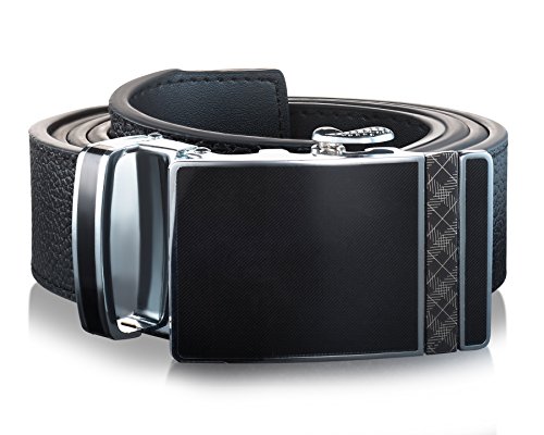 Men's Genuine Leather Belt- Ratchet Black Dress Belt for Men with Automatic Buckle. (Up to Size 46, Black With Buckle #07)