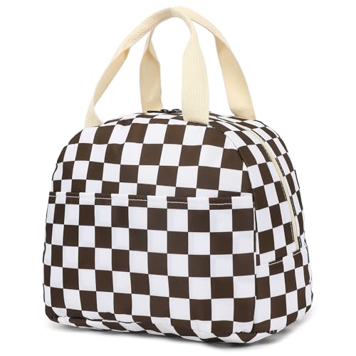 Checkered Lunch Bag for Women Girls, Insulated Lunch Tote Bags Reusable Lunch Box for Kids Adults School Work Picnic Travel (Brown) Deal