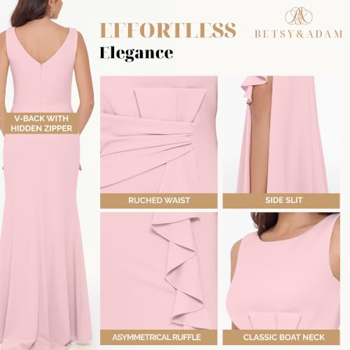 Image of Betsy & Adam Women's Long Bodycon Sleeveless Boat Neck Evening Gown with Side Slit Ruffle