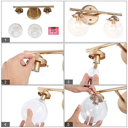 Bathroom Vanity Light, 2 Light Gold Vanity Lighting Fixtures, Gold Bathroom Light Fixtures With Globe Seeded Glass Shade (14’’ L X 6.5’’ W X 8’’ H) #TOP6