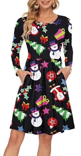 AUSELILY Damen Langarm Plissee Loose Swing Freizeitkleid mit knielangen Taschen Weihnachts schneemann L