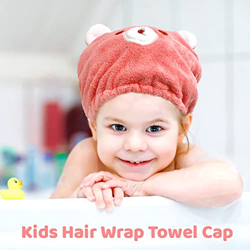 SwirlColor Hair Towel Wrap Hat for Kids, 2 Pcs Cute Cartoon Bear Microfibre Hair Towel Wrap Super Absorbent Quick Drying Turban Cap Pink and Camel Bath Towel Wrap for Kids Girls - Image 2