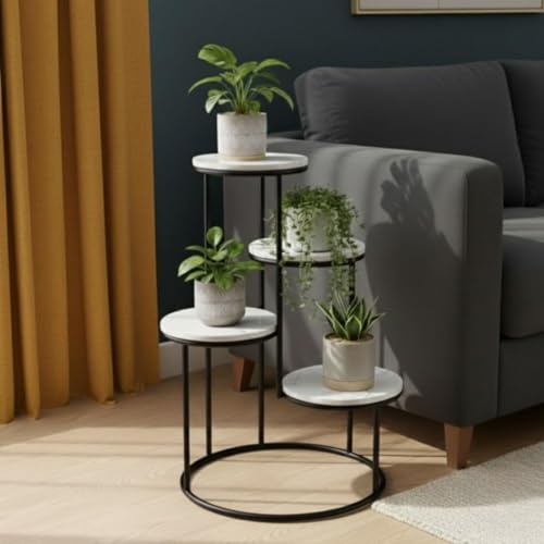 Image of Modern 4-Tier Plant Stand Indoor Metal & Wood | 60 cm Tall Multi-Level Flower Pot Stand | Heavy Duty Corner Plant Rack for Living Room, Balcony, Garden | Decorative Plant Holder for Indoor Use (White Black)