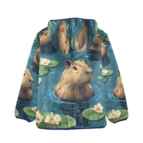 Cute Swimming Capybara Pattern Toddler Fleece Jacket Girl Boys Hooded Fleece Jacket Coat Warm Outwear Zip-up 3-10T2