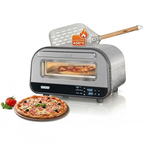 Unold Luigi Pizzaofen Set | elektrischer Pizzaofen 450 C mit Pizzastein & Pizzaschieber | für knusprige Pizza in 2 Min. Ober-/Unterhitze einstellbar inkl. Zubehör
