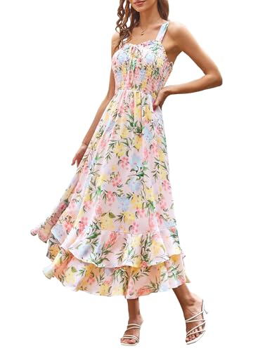 GRACE KARIN Women's 2025 Summer Floral Boho Dress Square Neck Strapped Swing A Line Sundress Beach Long Maxi OutfitsBlue Yellow M