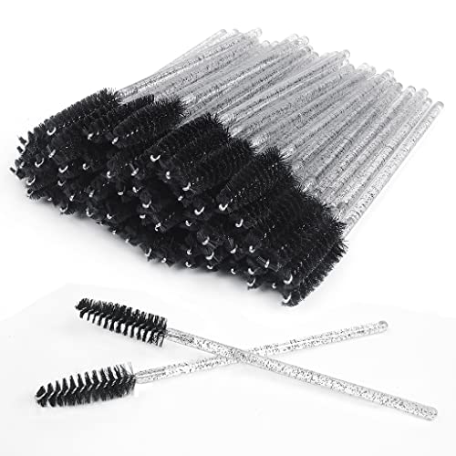 SWKJ 60 PCS Disposable Eyelash Brushes, Spoolies Eyebrow, Mascara Wands Applicator Lash Brushes Castor Oil Brush Cosmetic Makeup Tools(Crystal-black)