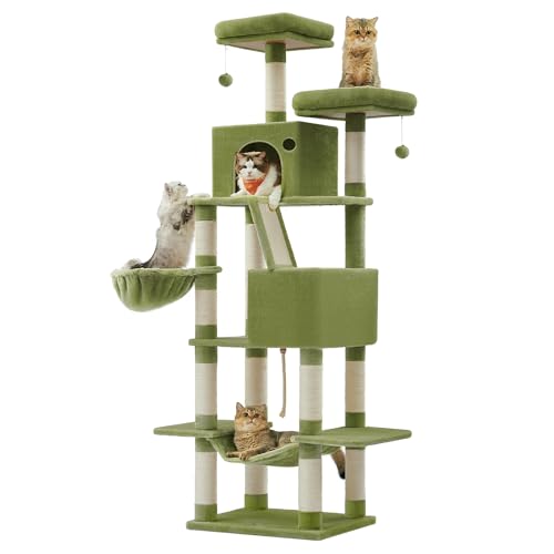 Image of Feandrea Cat Tree, 81.1-Inch Large Cat Tower, Multi-Level Condo, Green | with 13 Sisal Scratching Posts, 2 Perches, 2 Cave, Hammock, Basket, Pompoms for Indoor Cats, Easy to Assemble, UPCT190C01