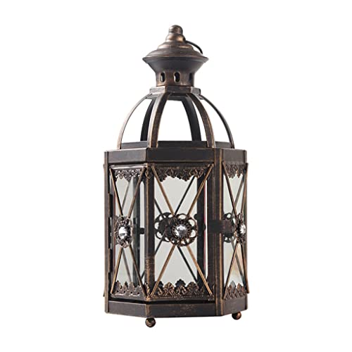 OZBME Candelabro Decorativo con Forma de Farol, Estilo Vintage con diseño Envejecido, de Metal, Ideal para Interiores, Exteriores, Bodas, Fiestas, Jardines, Patios y Casas de Campo.