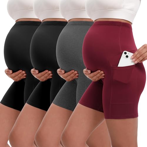 4 Pack Women's Maternity Shorts with Pockets Over The Belly Yoga Biker Pregnancy Workout Running Active Shorts