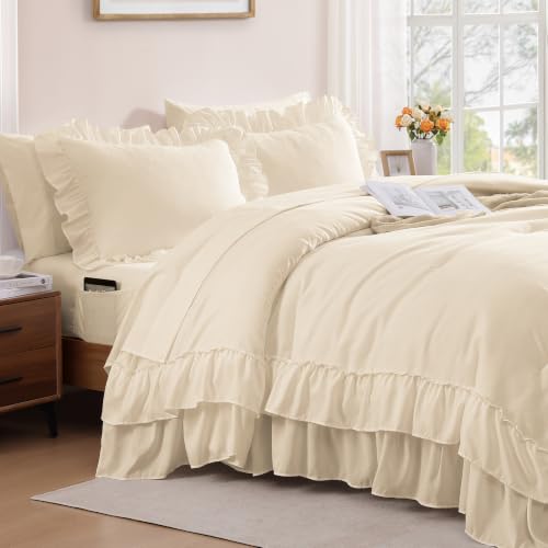 Image of Queen Comforter Set Whisper White Ruffle 7 Pieces Farmhouse Bed in a Bag | Shabby Chic Fluffy All Season Bedding Sets with Sheets, Pillowcases & Shams