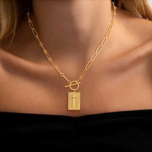 Chunky Cross Pendant Necklace for Women Gold Toggle Clasp Rectangle Necklace Silver Paperclip Cross Charm Necklace Dainty Faith Medallion Statement Necklace Costume Jewelry Accessories3