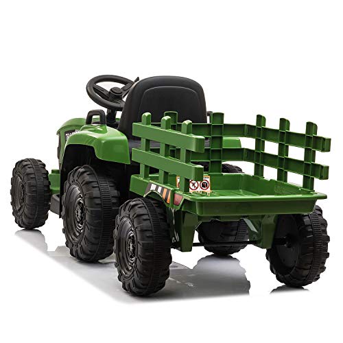 TOBBI Kids Electric Ride On Toy Tractor, Toddlers 12V Battery-Powered Car to Drive, 35W Dual Motor 6-Wheels Trailer Vehicle with 3-Speeds/LED & Horn Functions for Chirdren Aged 3-8-Dark Green