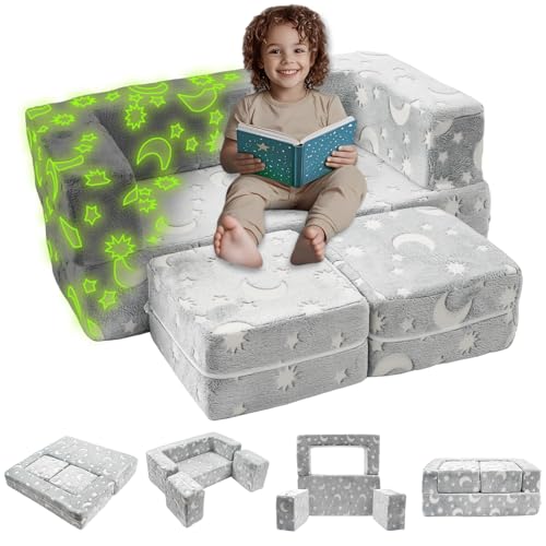 Kids Couch, 4Pcs Toddler Couch Sofa Bed, Glow-in-The-Dark Kids Chair Seat Playroom Furniture, Child Sectional Sofa with Removable Cover for Kids Girls & Boys, Dark Grey