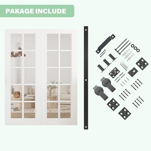 Image of 56 inchx80 inch White 10-Lites Clear Glass Bifold Barn Door Slab with 64 inch Track Kit