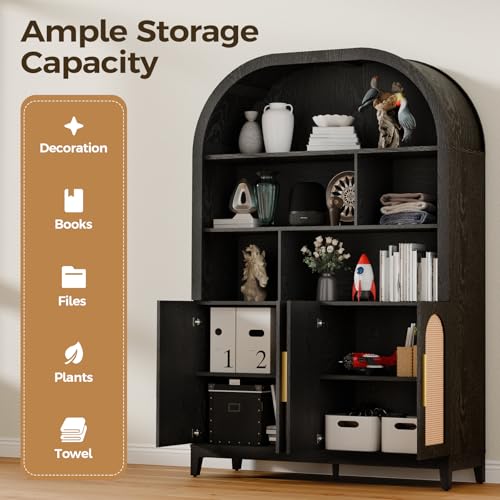 Image of 71 inch Arched Tall Wood Storage Cabinet - 5-Tier Rattan Door Pantry Organizer with Divider Shelf & Gold Handles, Versatile Bookcase for Living Room & Kitchen, Jet Black