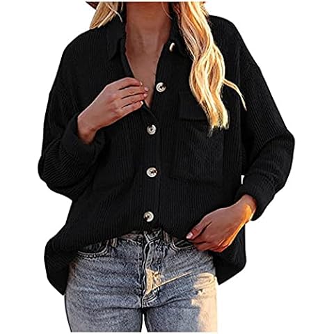 Sisifa Damen Cord Shacket Shirt Button Down Hemd Lässige Langarm Oberteile Einfarbig Oversized BoyfriendJacke Bluse Freizeit Hemdbluse Cover