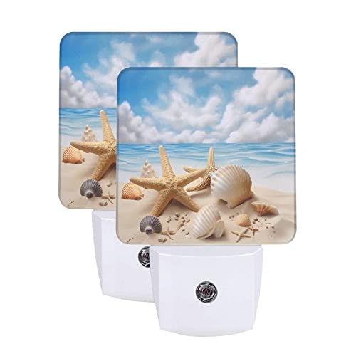 Image of Starfish Seashells Night Light Set of 2, Summer Beach Auto Sensor LED Dusk-to-Dawn Nightlights, Plug-in Sensor Lamp for Bedroom Bathroom Kitchen Hallway Stairs Decorative