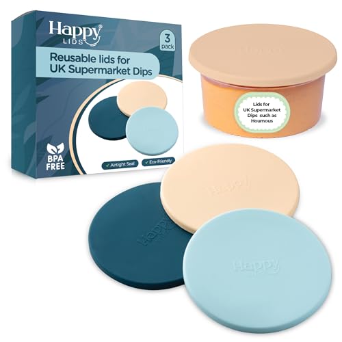 3 x Lids for UK Supermarket Dips | HAPPY LIDS | Food Safe Silicone | 10cm diameter pots | Houmous, Guacamole, Tzatziki, Sour Cream & more | Fridge & Dishwasher Safe