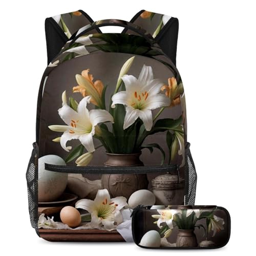Sac à dos œuf de Pâques blanc multicolore avec trousse scolaire pour ado et fille