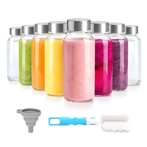 Image of Zukro 8 oz Glass Water Bottles with Lids, Reusable Clear Juice Bottles With Stainless Steel Airtight Cap for Juicing, Ginger Shot, Milk, 250ml Leak Proof Small Smoothie Container, BPA Free, Set of 8