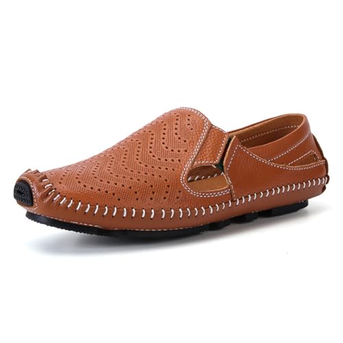 Image of Men's Breathable Summer Genuine Leather Sandal Perforated Casual Walking Driving Flats Shoes