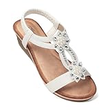 SHIBEVER Wedge Sandals for Women Flower Rhinestone Low Heel Platform Sandals Elastic Ankle Strap Open Toe Dressy Summer Comfortable Shoes White 7