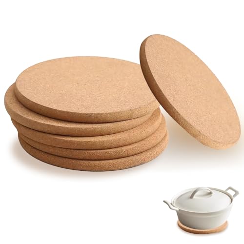 Cork Trivet Set of 6 - 19cm Round Extra Thick 10mm Cork Mats for Hot Pots and Pans Heat Resistant Coasters with Smooth Beveled Edges to Protect Kitchen Worktops and Tables Natural Cork Placemats