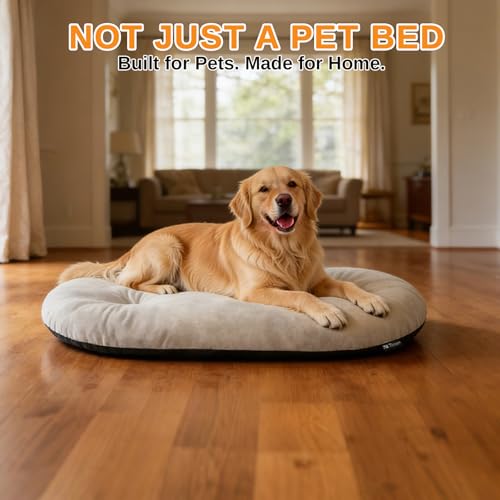 Image of Washable Oval Dog Bed forX-Large Dogs,Silver-Tipped High-Resilience,Beige | Non-Slip Bottom Prevents Sliding, Soft Plush Short Fur, Machine Washable, Ideal for Crates /Apartments /Cozy Nooks,41 inchx27 inchx3.6 inch