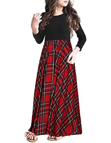 KYMIDY Girls Maxi Dress Kids Buffalo Check Plaid Long Sleeve Casual Dresses with Pockets for Girls 6-14 Years2