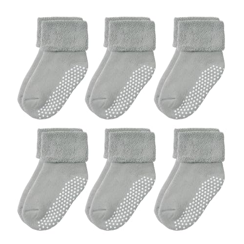 Image of VWU Baby Toddler Kids Ankle Crew Socks with Grips Unisex Warm Thick Cotton Winter Socks 0-10 Years 6/8 Pack