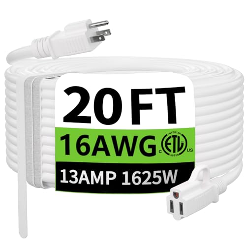 HUANCHAIN Indoor Outdoor White Extension Cord 20 ft Waterproof 16/3 Gauge Flexible Cold-Resistant Appliance Extension Cord Outside 13A 1625W 16AWG SJTW 3 Prong Electric Cord ETL