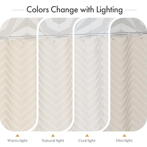 Image of AmazerBath Boho Farmhouse Shower Curtain with Tassels, Beige Shower Curtain Set Fabric, Soft Cloth Chevron Rustic Shower Curtain with Hooks, Hotel Quality, 72x72 Inches