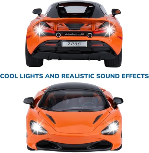 Image of FEXXA 1.18 Scale McLaren 720S Die-Cast Metal Car with Sport car Openable Doors Light and Sound,Pull Back Function Indoor Outdoor Toy for Kids (Orange)