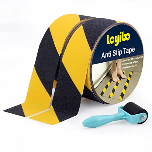 Anti Slip Tape with Roller, 2 Pack x 2” x 35Ft, Non Slip Safety Tape for Stair Step, Caution Grip Tape Yellow/Black, Waterproof Non Skid Tape for Bathtub, Boat, Comfortable for Bare Feet Indoor