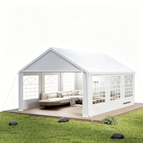 VA-Cerulean Carpa para fiestas de 4 x 6 m, color blanco, resistente al agua y a los rayos UV, estable, lona de polietileno, 6 paredes laterales extraíbles con ventanas, varillas de acero galvanizado