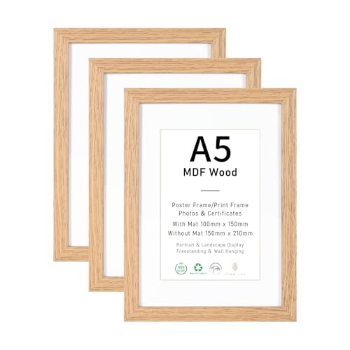 ATOBART Bilderrahmen A5 NaturHolz Fotorahmen 3er Set 15x21cm rahmen MDF Holz mit Acrylglas aufhängen und aufstellen für Fotos Kunstwerke und Poster